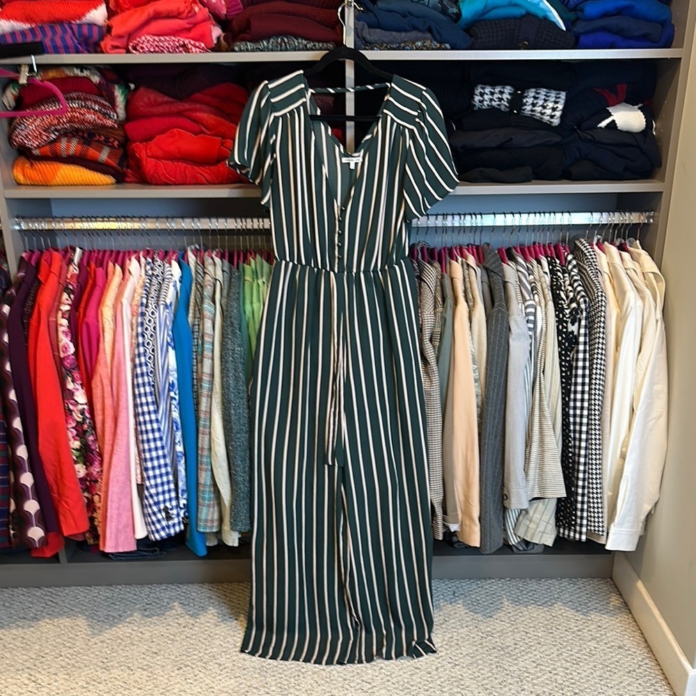 Charlotte Russe green with white stripes short sleeve v neck jumpsuit size M